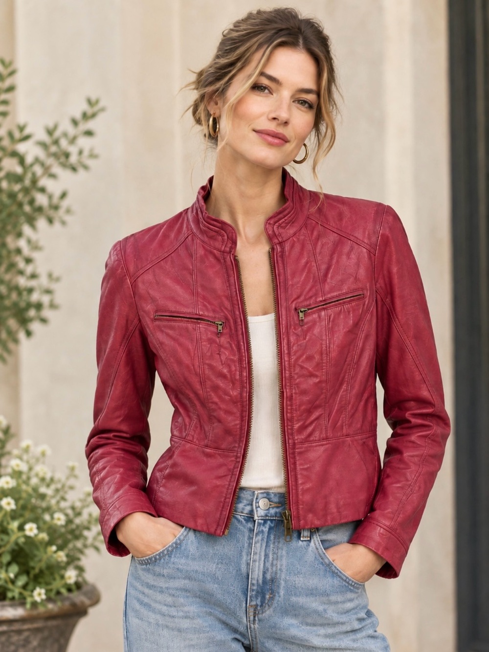 Neiman Marcus Genuine Leather Moto Biker Zip Up Bomber Pink Edgy Minimalist Sz S